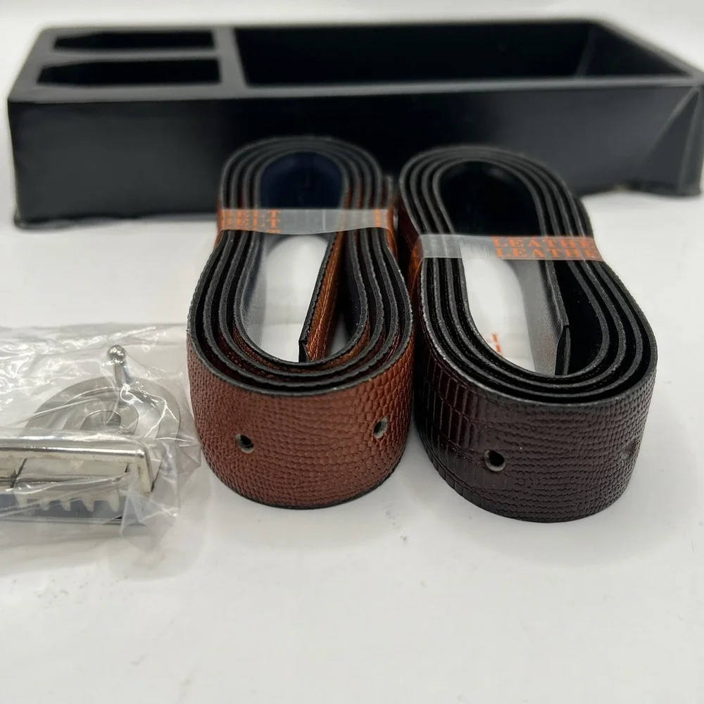 Leather Reversible Belts Lot Of 2 One Size Tan Burgundy Silver Tone Buckle